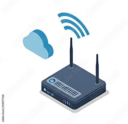 Isometric illustration of a router with antennas emitting signal waves, connected to a cloud.