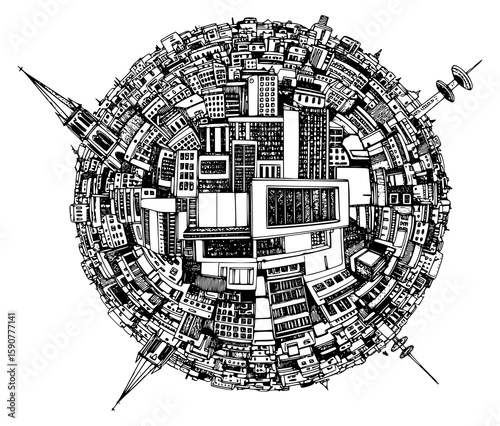 Panoramic cityscape monochrome drawing. Vector illustration, JPEG version.