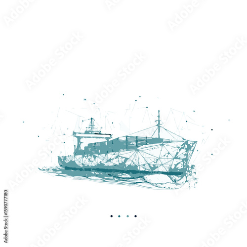 Abstract geometric wireframe sketch of a cargo ship sailing on stylized water with scattered dots silhouette