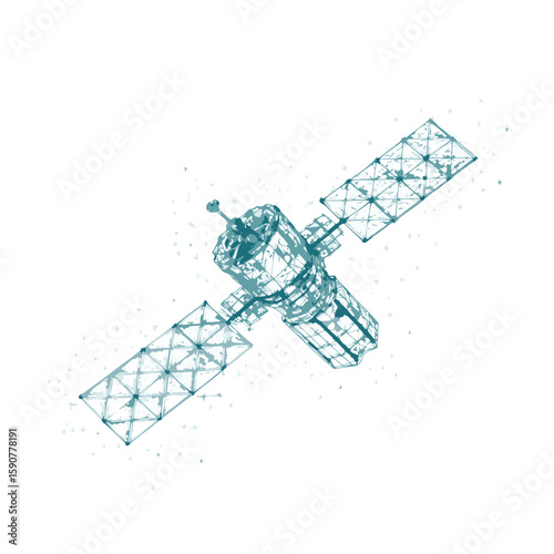 Artistic sketch of a space satellite with solar panels and stars in a unique watercolor silhouette style