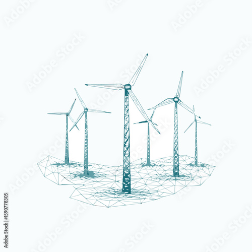 Multiple wind turbines with rotating blades stand on a geometric polygonal ground representing clean energy generation silhouette