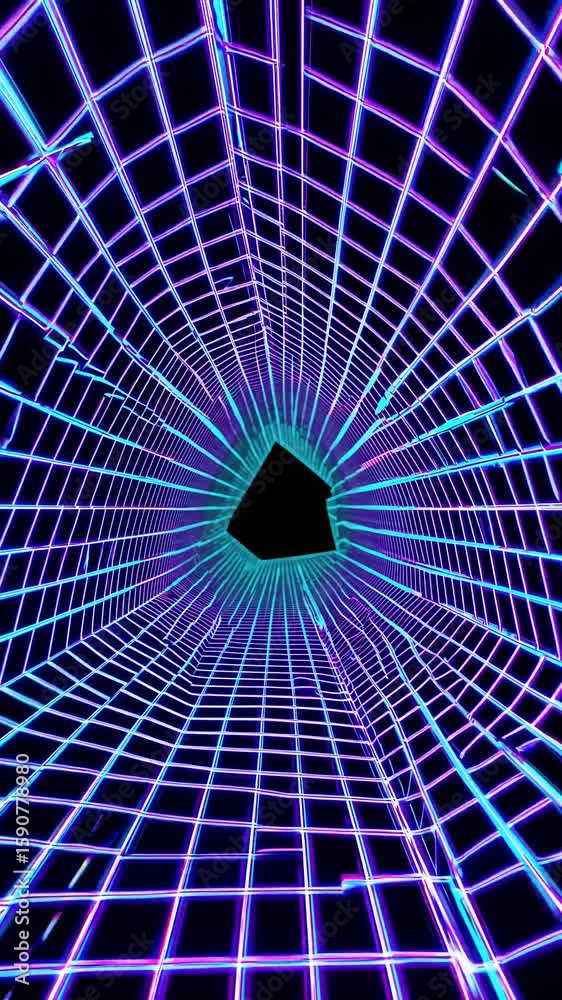 Luminescent blue laser grid forming digital tunnel converging toward deep black void, suggesting technological mystery and infinite spatial depth