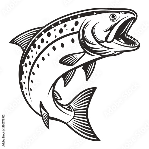 Dynamic black and white illustration of a leaping salmon with open mouth and detailed fins capturing the thrill of the catch
