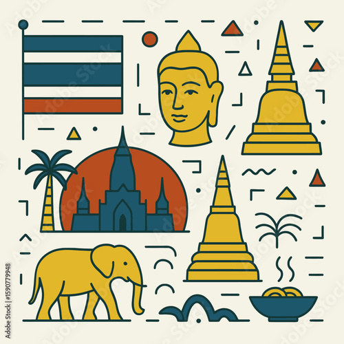 Thailand Icons and Symbols Line Art Style Design