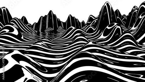 Abstract landscape with black and white wavy lines forming hills and valleys in a monochrome scene created with generated ai
