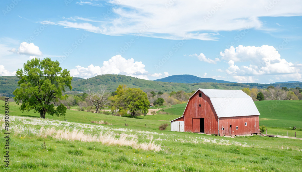 Obraz premium An old red barn in a large grassland area