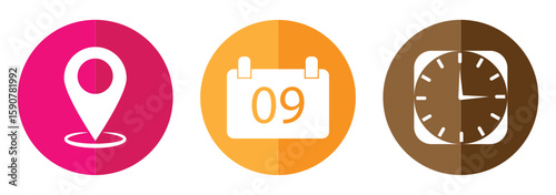 Address time date icons set. Address location icon. Stopwatch timer icon. Date Calendar icon. Icons for date, reminder, address, invitation, event, business. eps 10