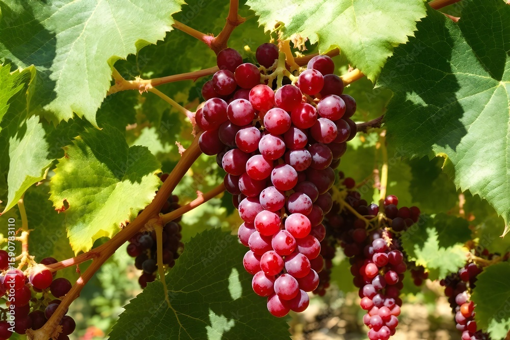 Vivid Grape Cluster: A close-up shot captures a radiant cluster of ripe, red grapes, dangling from a vine with lush green leaves, embodying freshness and the promise of sweetness. Vivid Grape Cluster: A close-up shot captures a radiant cluster of ripe, red grapes, dangling from a vine with lush green leaves, embodying freshness and the promise of sweetness.