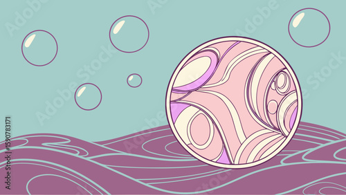 Abstract scene with bubbles floating above stylized waves and a circular patterned design element created with generated ai