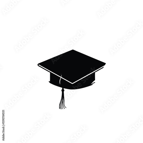 Simple black silhouette of a graduation cap with a tassel on a white background symbolizing academic achievement and education