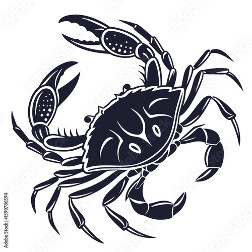 Stylized dark silhouette of a fierce crab with raised claws and detailed carapace evoking strength and the ocean s depths