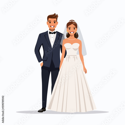 Full-body vector illustration of a bride and groom standing side by side, the groom in a black tuxedo and the bride in a white wedding gown, plain white background