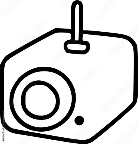 A simple line drawing depicts a small, cube-shaped wireless camera with an antenna.