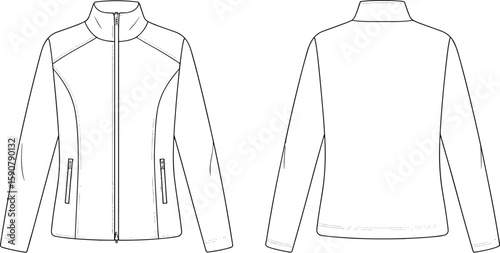 Flat sketch of women’s full zip jacket with long sleeves, standing collar, front and back view, technical vector template