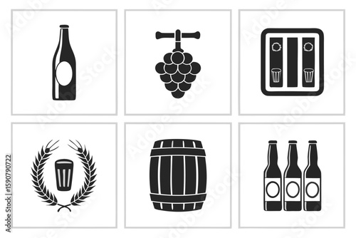 Beverage icons bottle grapes barrel glasses beer