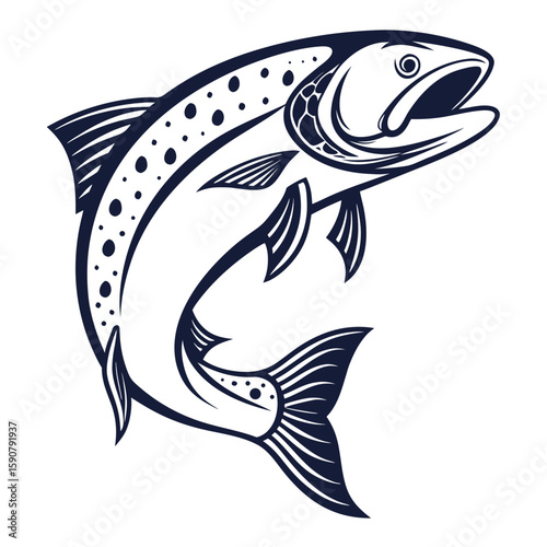 Dynamic illustration of a leaping trout showcasing its powerful musculature and distinctive spotted pattern against a clean white background
