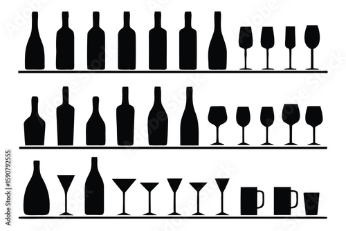 Black silhouettes of bottles glasses and mugs vector
