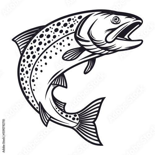 Dynamic black and white illustration of a leaping trout capturing the thrill of the catch in a stylized artistic rendition