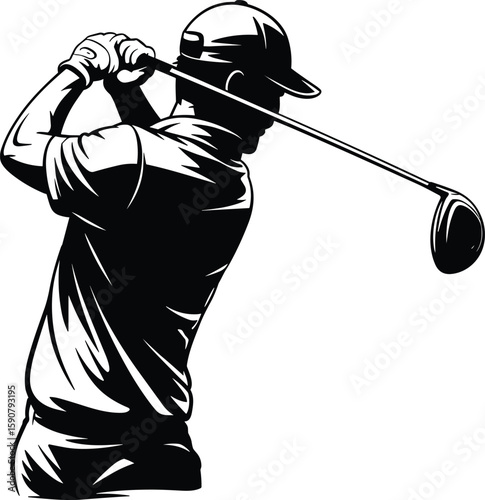  of male golfer finishing swing with golf club, vector sports illustration of athletic man playing outdoor game, competitive g