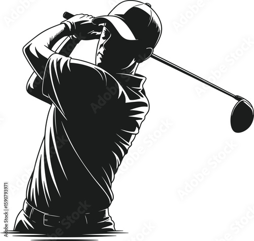 PrintSilhouette of male golfer swinging club, vector illustration of golf player in action, sports concept image for competition, outdoor leisure designSilhouette of male golfer swinging club, vector 