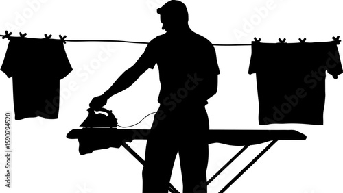 Silhouette of a person ironing clothes with shirts hanging on a clothesline in the background outside home