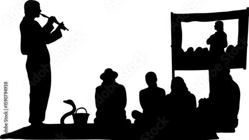Silhouette of snake charmer playing flute with snake and audience watching puppet show on a stage outdoors