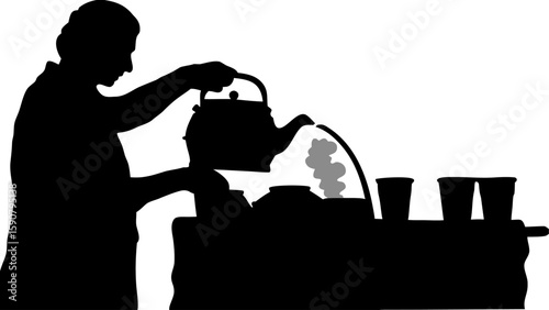 Silhouette of person pouring tea from teapot into cup on table with other cups visible nearby