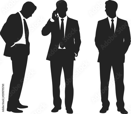 PrintSilhouette of business men in suits, professional posture, corporate communication, office wear, teamwork concept, standing pose, vector illustration design