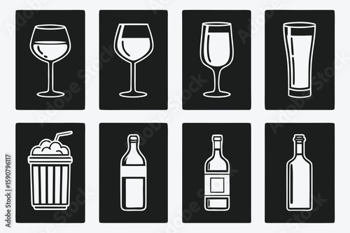 Assorted beverage containers in minimalist white outline