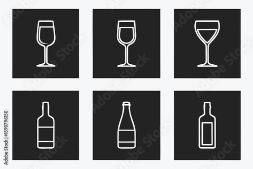 White wine glasses and bottles on black illustration