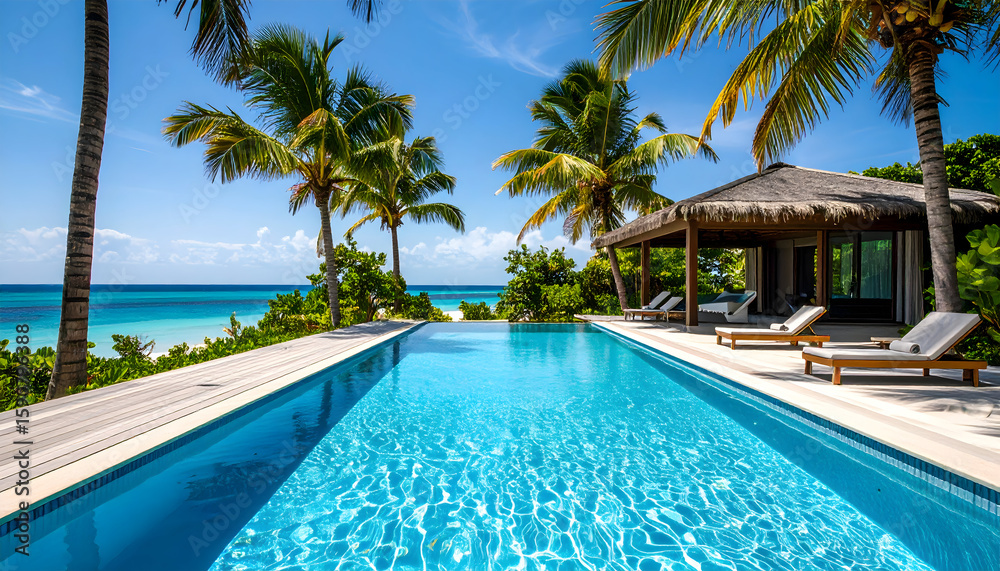 Fototapeta premium Luxury Tropical Poolside Escape with Ocean View