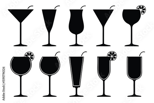 Assorted black cocktail glasses with garnishes drinks