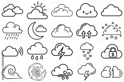 Whimsical Weather Icons: A captivating collection of illustrated weather icons, meticulously crafted in a clean and modern line art style, ideal for conveying diverse atmospheric conditions.