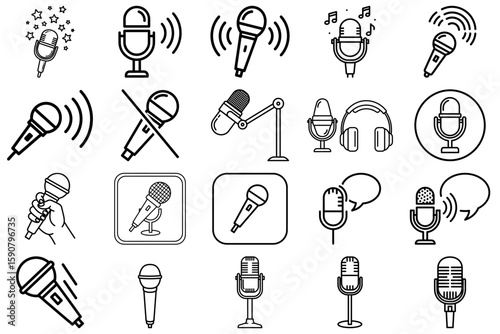 Microphone Icons: A collection of diverse microphone icons in black and white, perfect for illustrating communication, recording, and audio concepts.