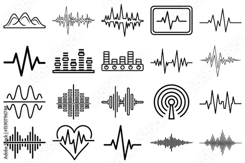 Digital Sound Spectrum and Waveform: A collection of graphical representations of sound waves, depicting various frequencies and amplitudes, ideal for technology and audio-visual designs.