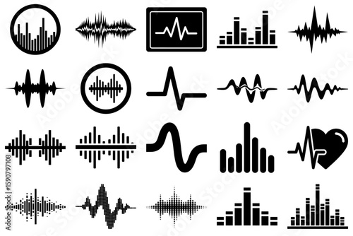 Sound Wave Icons: A collection of various sound wave icons, perfect for digital projects, music-related designs, and audio applications.  The icons are in black and white.