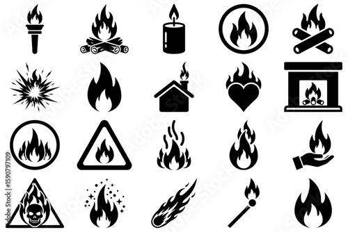Diverse Fire Icons: A comprehensive collection of fire-related icons, representing various fire sources and warnings, perfect for design and informational purposes.
