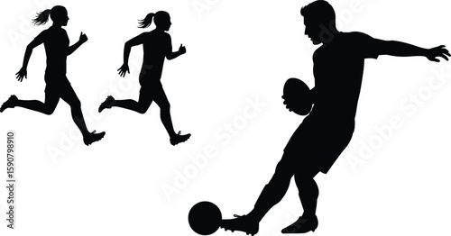 PrintSilhouette of male and female athletes running and playing with ball, sports training, fitness workout, healthy lifestyle, soccer, competition