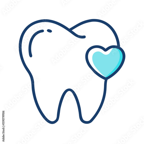 Healthy tooth icon with blue heart. Dental care and stomatology symbol for oral hygiene. Minimalist line art flat vector illustration for medical clinic website, app logo, banner