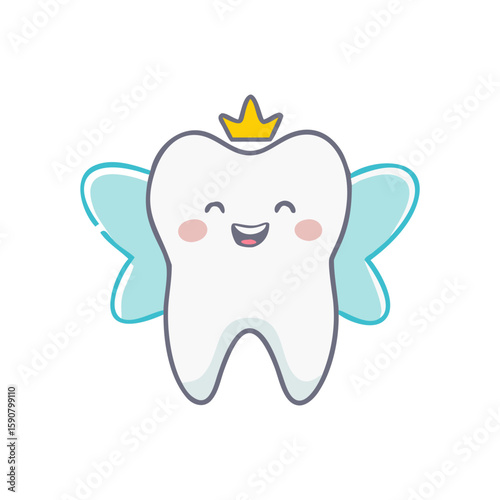 Cute cartoon tooth with fairy wings and crown. Milk tooth character symbol for pediatric dentistry, stomatology. Line art vector icon