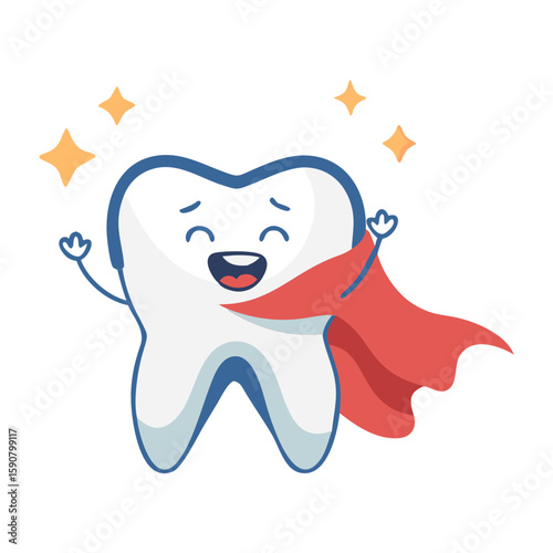 Happy stylized tooth with red superpower cloak and shining sparkles. Stomatology concept. Vector illustration for children clinic, dental office, mascot
