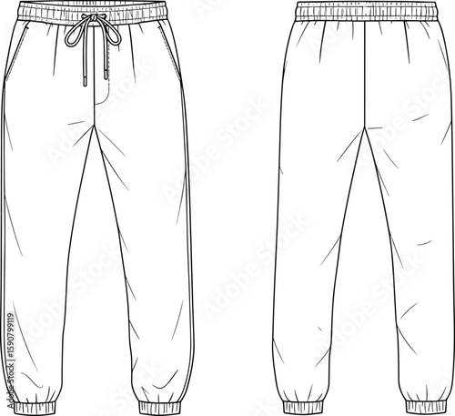 Vector flat sketch of men's jogger pants with drawstring waistband, front and back view fashion design template for apparel illustration