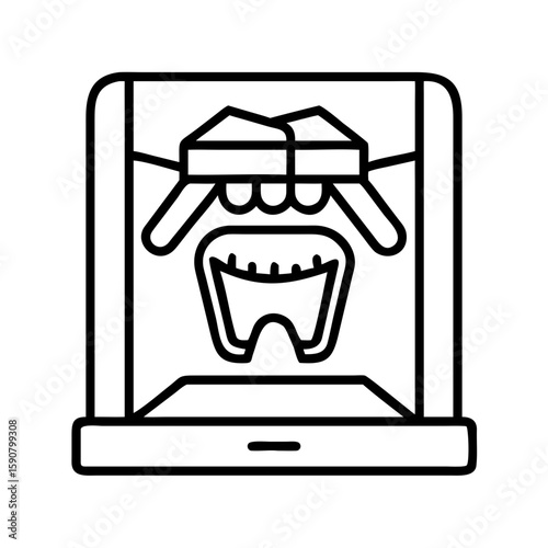 Dental 3D printer creating a tooth in black outline style, representing modern stomatology technology. Vector icon for dental clinic, dentistry promotion