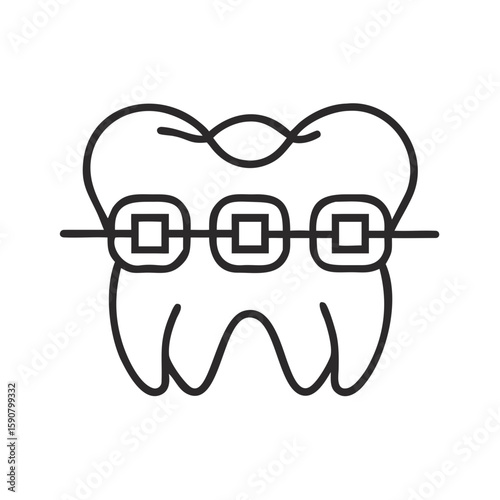 Human tooth with dental braces, stomatology concept. Vector linear icon for dentistry, orthodontic care symbol
