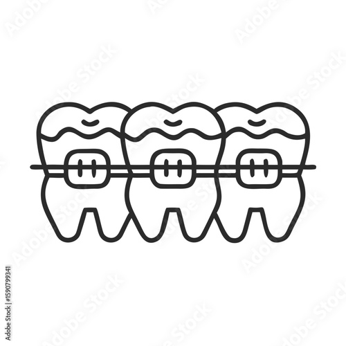 Three human teeth with brace appliance line icon. Orthodontic treatment. Stomatology concept. Vector illustration minimal design for dentist