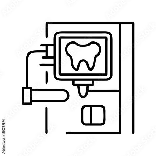 Stomatology x-ray dental machine with tooth on monitor screen. Dental care diagnostic equipment concept. Outline style vector icon
