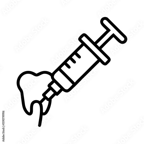 Syringe injecting solution into tooth. Dental anesthesia, pain relief and treatment concept. Outline vector icon for stomatology medical design