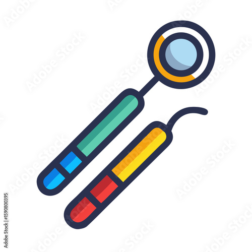 Colorful dental mirror and scaler icon with outline for stomatology clinic. Dental tool icon in flat vector illustration style for website, app design