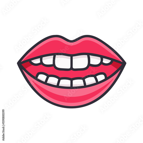 Open female mouth with red lips and white teeth showing a wide smile. Stomatology simple outline cartoon icon for dental clinic logo, app