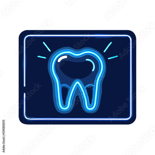 Healthy tooth in a neon glowing frame for stomatology clinic advertisement signage. Dentistry vector icon in modern line style